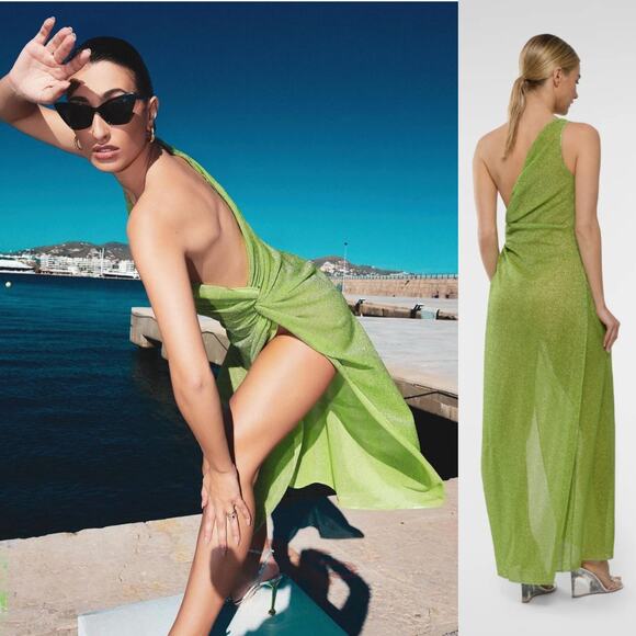 Oseree | SS24 Lumière Knot Dress Lime Green Glitter One Shoulder Midi Dress S-M - Picture 2 of 11
